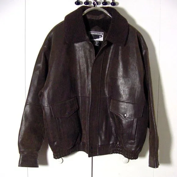 Vtg Mountain Man Brown Faux Leather Bomber Jacket Sz XL